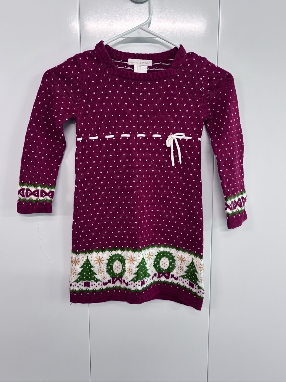 Maggie & Zoe Girls Burgundy Christmas Tree Knit Sweater Dress Size 4T Cotton